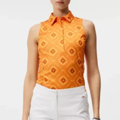 J.Lindeberg Dena Print Woman Sleeveless Polo | Sample Sale - Orange DIAMOND LOGO - Size Small (web only)