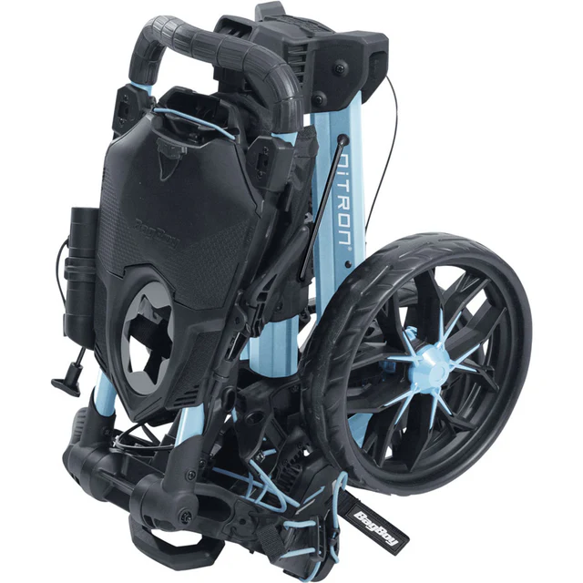 Image of BagBoy Nitron Auto Open Push Cart Ice Blue and White Folded